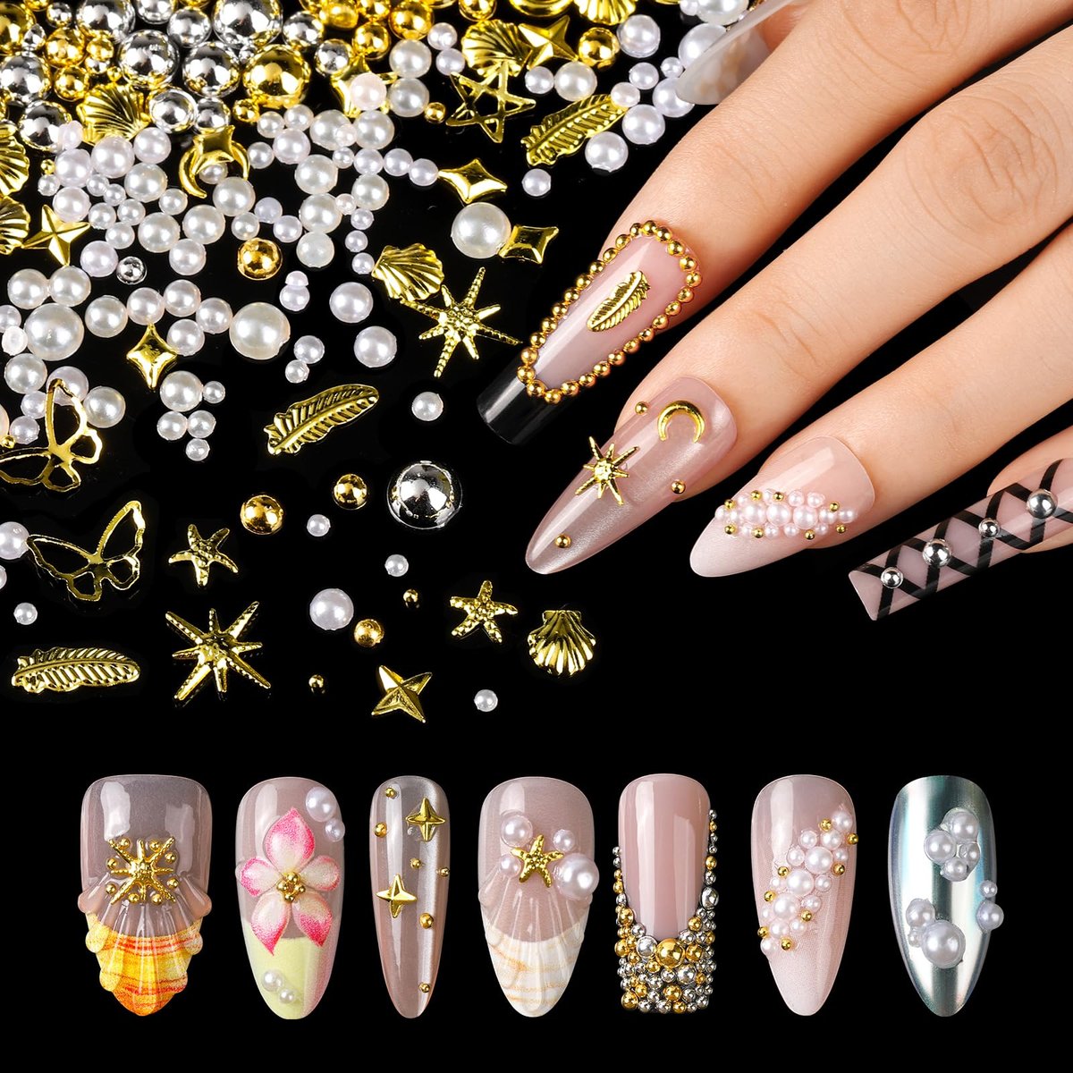 FANDAMEI Gold Nail Gems - 3D Star Nail Charms, Flatback Pearls & Metallic Nail Art Studs in Mixed Sizes - görsel 9