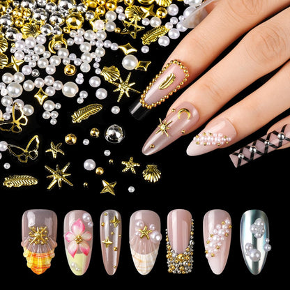 FANDAMEI Gold Nail Gems - 3D Star Nail Charms, Flatback Pearls & Metallic Nail Art Studs in Mixed Sizes