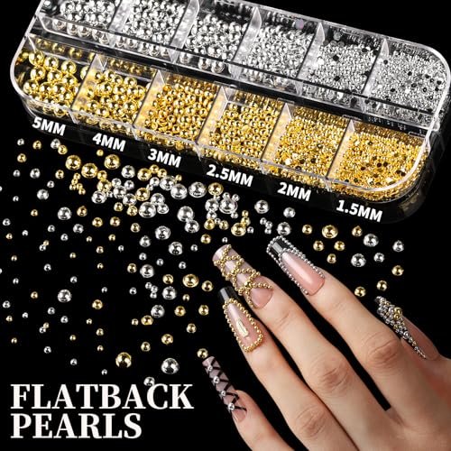 FANDAMEI Gold Nail Gems - 3D Star Nail Charms, Flatback Pearls & Metallic Nail Art Studs in Mixed Sizes - görsel 4
