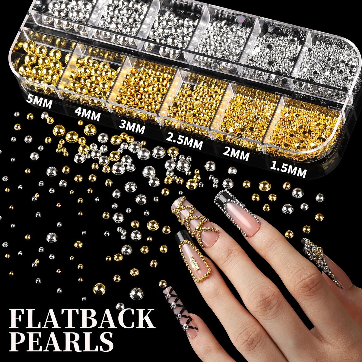 FANDAMEI Gold Nail Gems - 3D Star Nail Charms, Flatback Pearls & Metallic Nail Art Studs in Mixed Sizes - görsel 3