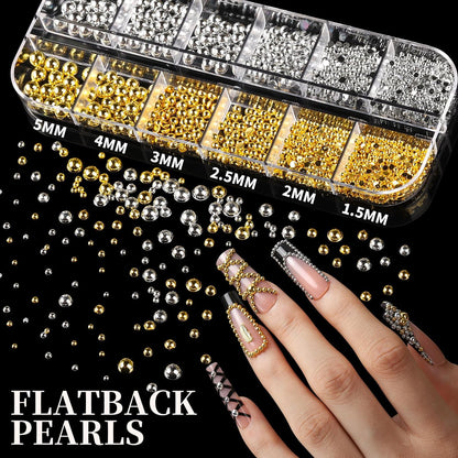 FANDAMEI Gold Nail Gems - 3D Star Nail Charms, Flatback Pearls & Metallic Nail Art Studs in Mixed Sizes