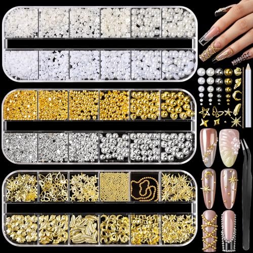FANDAMEI Gold Nail Gems - 3D Star Nail Charms, Flatback Pearls & Metallic Nail Art Studs in Mixed Sizes - görsel 2