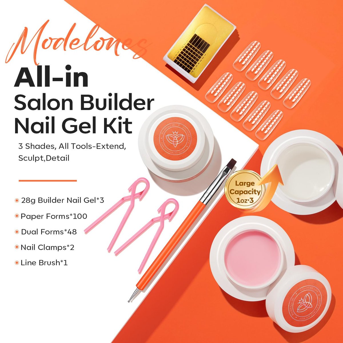 modelones False Nail Gels Builder Nail Gel 3 Colors French Tip – 10-in-One Clear Nude Pink Hard Gel Nail Kit with Dual End Brush, Paper Forms for Extension Apex Building Sculpting LED Cured Avelisse