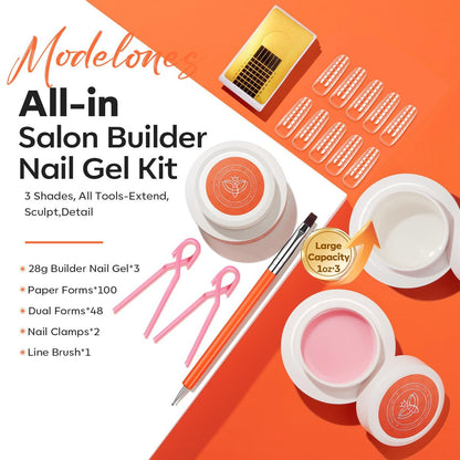 modelones False Nail Gels Builder Nail Gel 3 Colors French Tip – 10-in-One Clear Nude Pink Hard Gel Nail Kit with Dual End Brush, Paper Forms for Extension Apex Building Sculpting LED Cured Avelisse