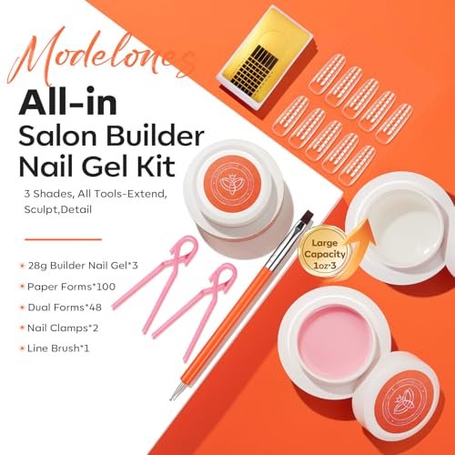 modelones False Nail Gels Builder Nail Gel 3 Colors French Tip – 10-in-One Clear Nude Pink Hard Gel Nail Kit with Dual End Brush, Paper Forms for Extension Apex Building Sculpting LED Cured Avelisse
