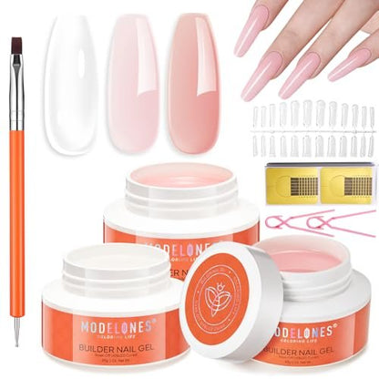 modelones False Nail Gels Builder Nail Gel 3 Colors French Tip – 10-in-One Clear Nude Pink Hard Gel Nail Kit with Dual End Brush, Paper Forms for Extension Apex Building Sculpting LED Cured Avelisse