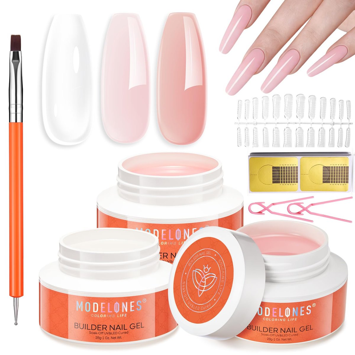 modelones False Nail Gels Builder Nail Gel 3 Colors French Tip – 10-in-One Clear Nude Pink Hard Gel Nail Kit with Dual End Brush, Paper Forms for Extension Apex Building Sculpting LED Cured Avelisse