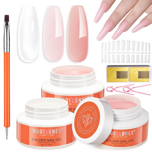 modelones False Nail Gels Builder Nail Gel 3 Colors French Tip – 10-in-One Clear Nude Pink Hard Gel Nail Kit with Dual End Brush, Paper Forms for Extension Apex Building Sculpting LED Cured Avelisse