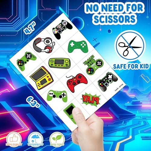 60 PCS Video Game Pre-Cut Temporary Tattoos for Kids Birthday Party Favors, Decorations, Supplies, Classroom Rewards, Carnival Prizes - 5 Sheets of Super Cute Gamer Tattoo Stickers for Boys & Girls - görsel 8
