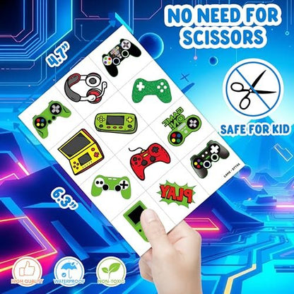 60 PCS Video Game Pre-Cut Temporary Tattoos for Kids Birthday Party Favors, Decorations, Supplies, Classroom Rewards, Carnival Prizes - 5 Sheets of Super Cute Gamer Tattoo Stickers for Boys & Girls