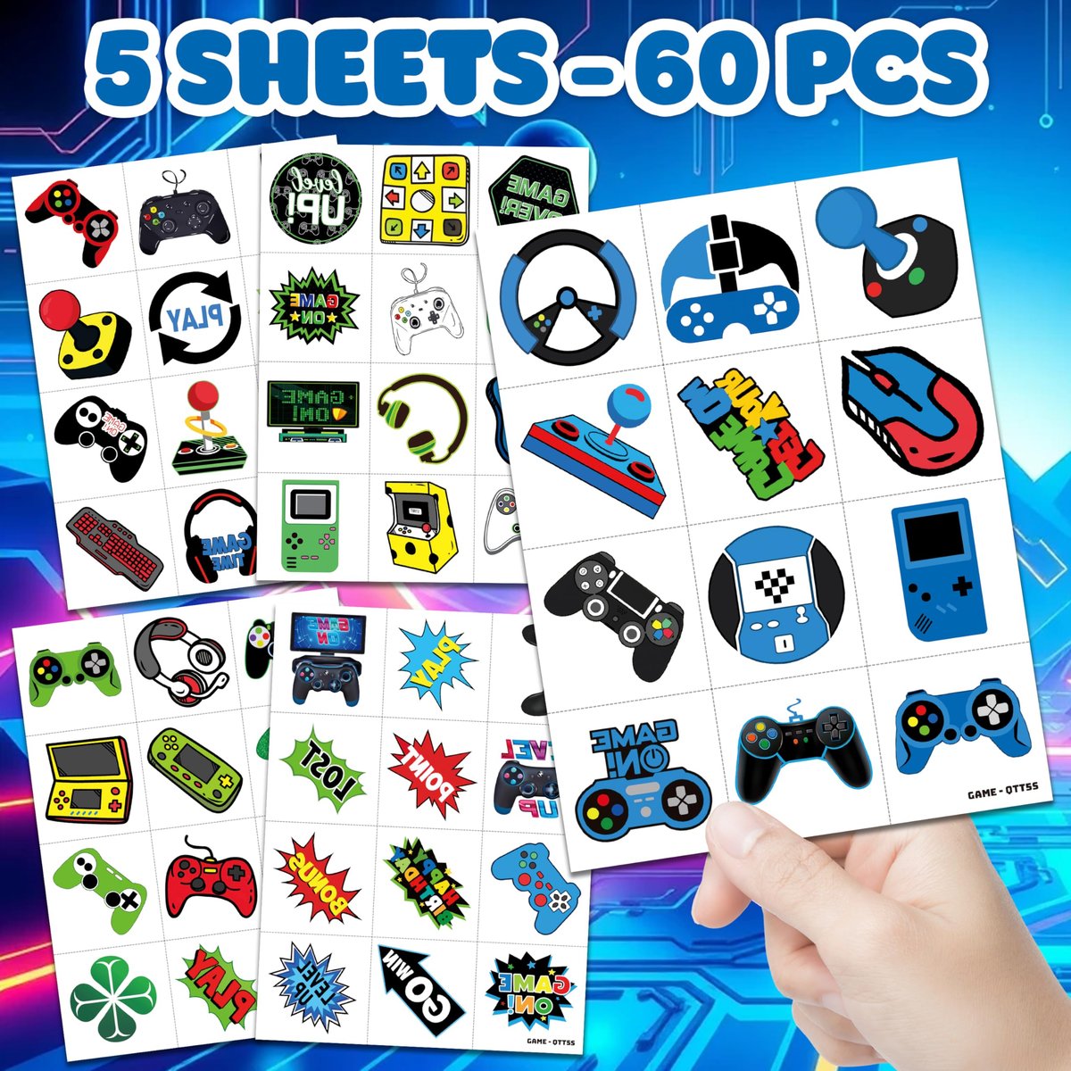 60 PCS Video Game Pre-Cut Temporary Tattoos for Kids Birthday Party Favors, Decorations, Supplies, Classroom Rewards, Carnival Prizes - 5 Sheets of Super Cute Gamer Tattoo Stickers for Boys & Girls - görsel 5
