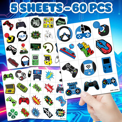 60 PCS Video Game Pre-Cut Temporary Tattoos for Kids Birthday Party Favors, Decorations, Supplies, Classroom Rewards, Carnival Prizes - 5 Sheets of Super Cute Gamer Tattoo Stickers for Boys & Girls