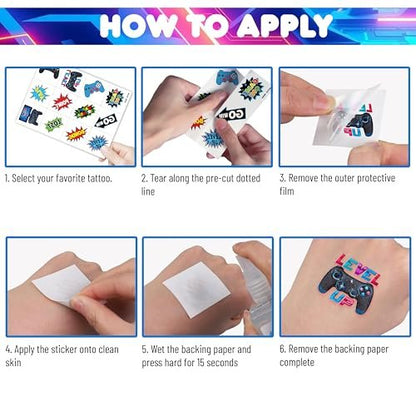 60 PCS Video Game Pre-Cut Temporary Tattoos for Kids Birthday Party Favors, Decorations, Supplies, Classroom Rewards, Carnival Prizes - 5 Sheets of Super Cute Gamer Tattoo Stickers for Boys & Girls