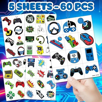 60 PCS Video Game Pre-Cut Temporary Tattoos for Kids Birthday Party Favors, Decorations, Supplies, Classroom Rewards, Carnival Prizes - 5 Sheets of Super Cute Gamer Tattoo Stickers for Boys & Girls
