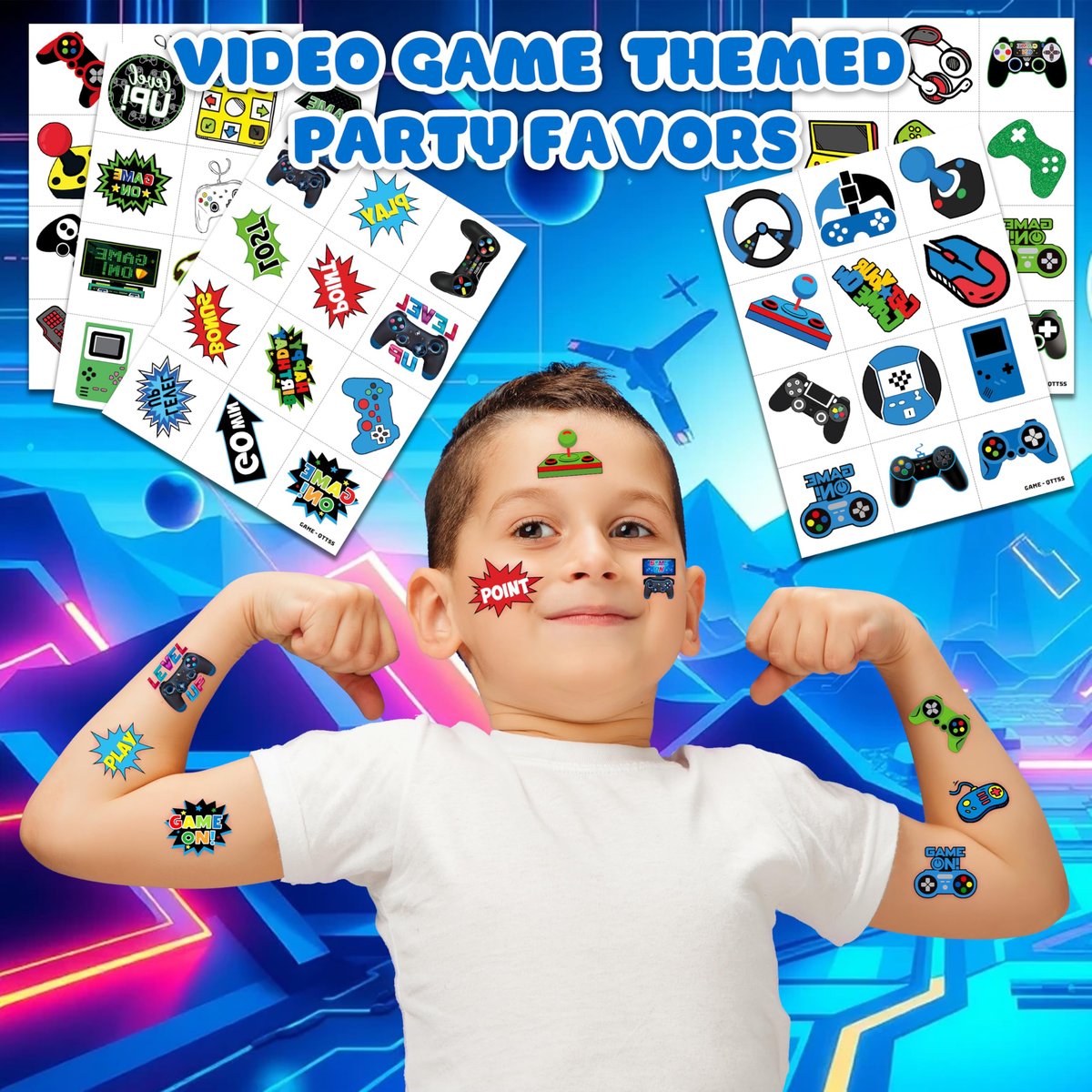 60 PCS Video Game Pre-Cut Temporary Tattoos for Kids Birthday Party Favors, Decorations, Supplies, Classroom Rewards, Carnival Prizes - 5 Sheets of Super Cute Gamer Tattoo Stickers for Boys & Girls - görsel 3