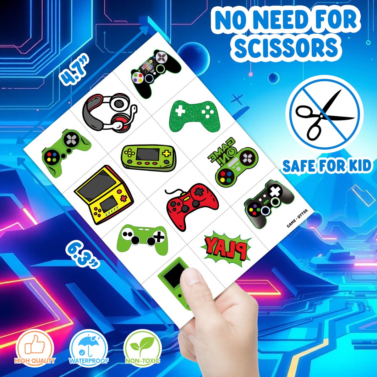 60 PCS Video Game Pre-Cut Temporary Tattoos for Kids Birthday Party Favors, Decorations, Supplies, Classroom Rewards, Carnival Prizes - 5 Sheets of Super Cute Gamer Tattoo Stickers for Boys & Girls - görsel 7