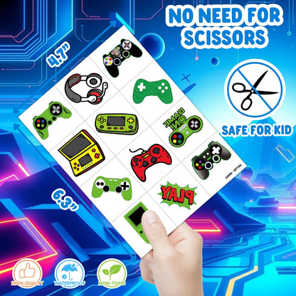 60 PCS Video Game Pre-Cut Temporary Tattoos for Kids Birthday Party Favors, Decorations, Supplies, Classroom Rewards, Carnival Prizes - 5 Sheets of Super Cute Gamer Tattoo Stickers for Boys & Girls