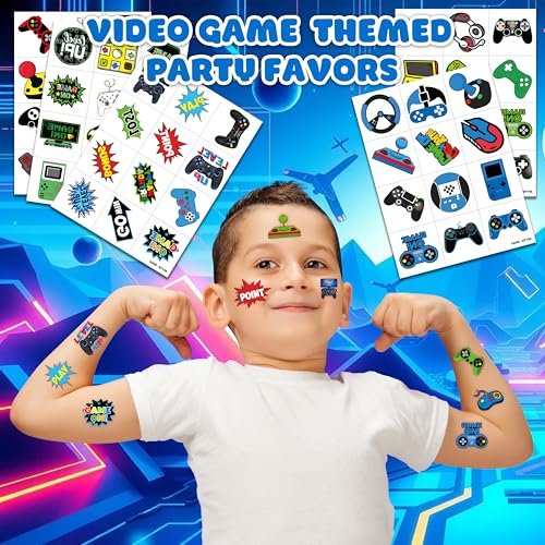 60 PCS Video Game Pre-Cut Temporary Tattoos for Kids Birthday Party Favors, Decorations, Supplies, Classroom Rewards, Carnival Prizes - 5 Sheets of Super Cute Gamer Tattoo Stickers for Boys & Girls - görsel 4