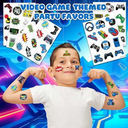 60 PCS Video Game Pre-Cut Temporary Tattoos for Kids Birthday Party Favors, Decorations, Supplies, Classroom Rewards, Carnival Prizes - 5 Sheets of Super Cute Gamer Tattoo Stickers for Boys & Girls