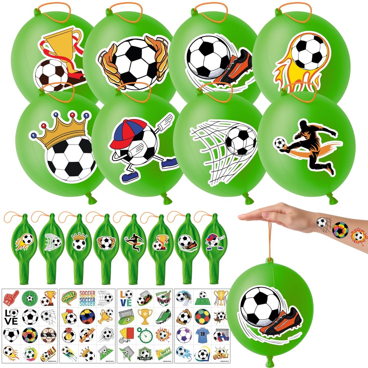 72 PCS Soccer Party Favors – 48 Pre-Cut Temporary Tattoos & 24 Soccer Punch Balloons Themed Birthday Party Decorations Supplies Favors Soccer Team Gifts Goodie Bag Fillers Classroom Rewards - görsel 1