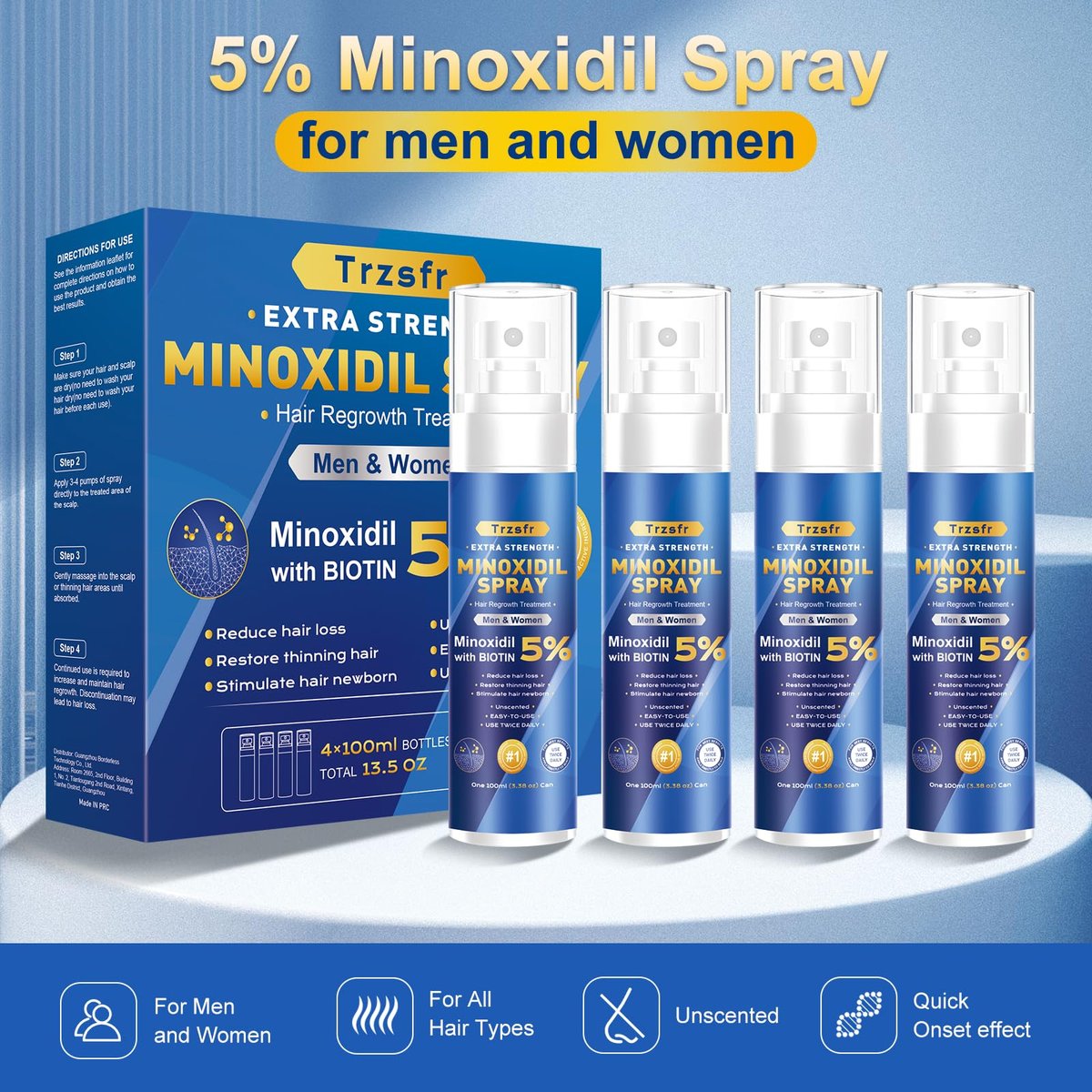5% Minoxidil Hair Growth Serum for Men & Women | Extra Strength with Biotin | 6-Month Supply (4 Pack, 14 fl oz) | Clinically Proven Hair Regrowth Treatment for Thinning Hair & Beard Growth Avelisse