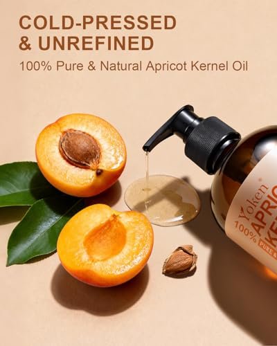 Yoken Cold Pressed Apricot Kernel Oil 16 fl oz Glass Bottle - 100% Pure, Natural, Unscented, Hexane Free Carrier & Massage Oil for Skin & Hair Avelisse