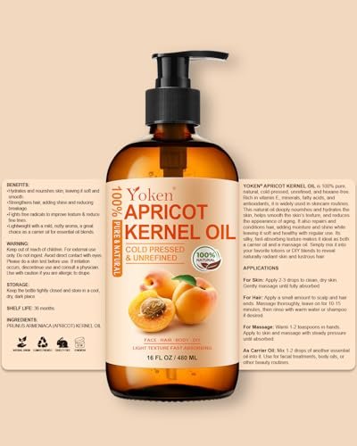 Yoken Cold Pressed Apricot Kernel Oil 16 fl oz Glass Bottle - 100% Pure, Natural, Unscented, Hexane Free Carrier & Massage Oil for Skin & Hair Avelisse