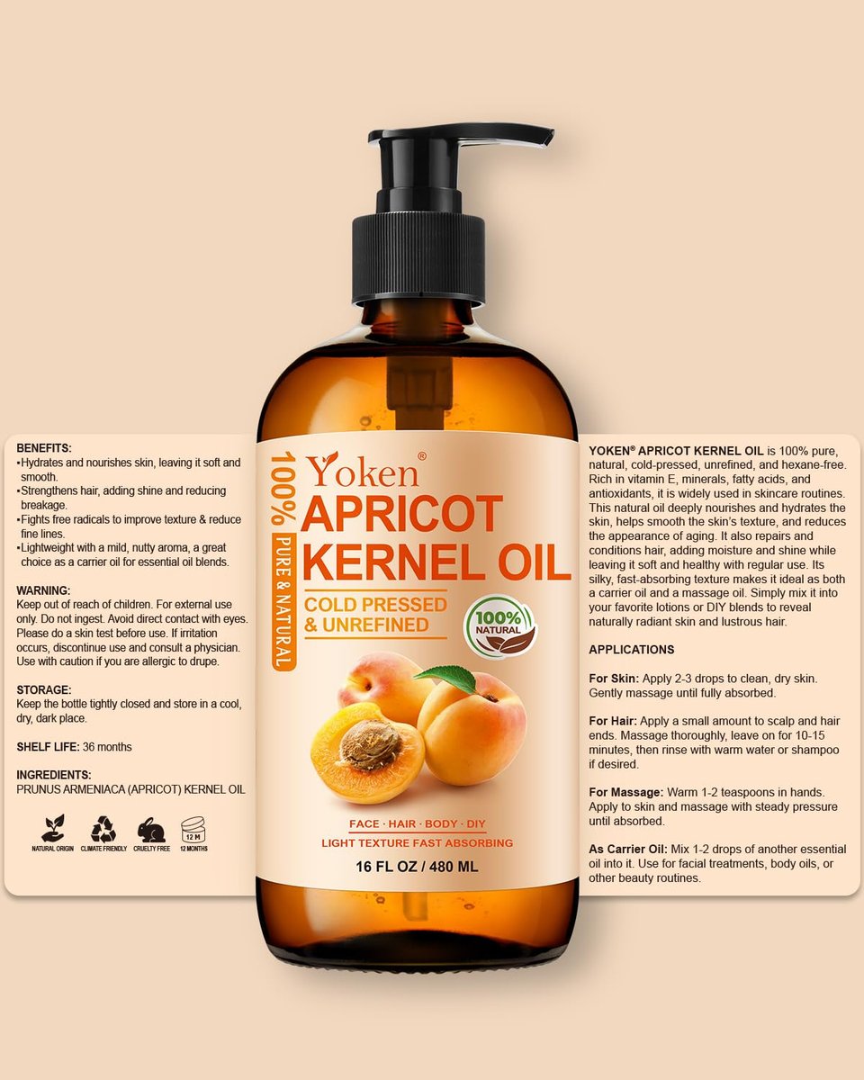 Yoken Cold Pressed Apricot Kernel Oil 16 fl oz Glass Bottle - 100% Pure, Natural, Unscented, Hexane Free Carrier & Massage Oil for Skin & Hair Avelisse