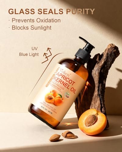 Yoken Cold Pressed Apricot Kernel Oil 16 fl oz Glass Bottle - 100% Pure, Natural, Unscented, Hexane Free Carrier & Massage Oil for Skin & Hair Avelisse