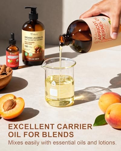 Yoken Cold Pressed Apricot Kernel Oil 16 fl oz Glass Bottle - 100% Pure, Natural, Unscented, Hexane Free Carrier & Massage Oil for Skin & Hair Avelisse