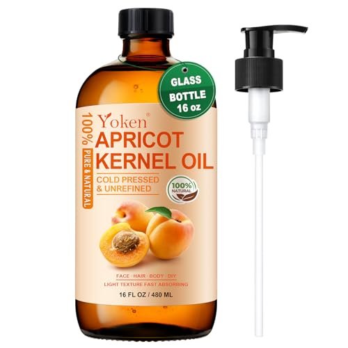 Yoken Cold Pressed Apricot Kernel Oil 16 fl oz Glass Bottle - 100% Pure, Natural, Unscented, Hexane Free Carrier & Massage Oil for Skin & Hair Avelisse