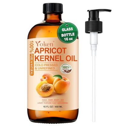 Yoken Cold Pressed Apricot Kernel Oil 16 fl oz Glass Bottle - 100% Pure, Natural, Unscented, Hexane Free Carrier & Massage Oil for Skin & Hair Avelisse