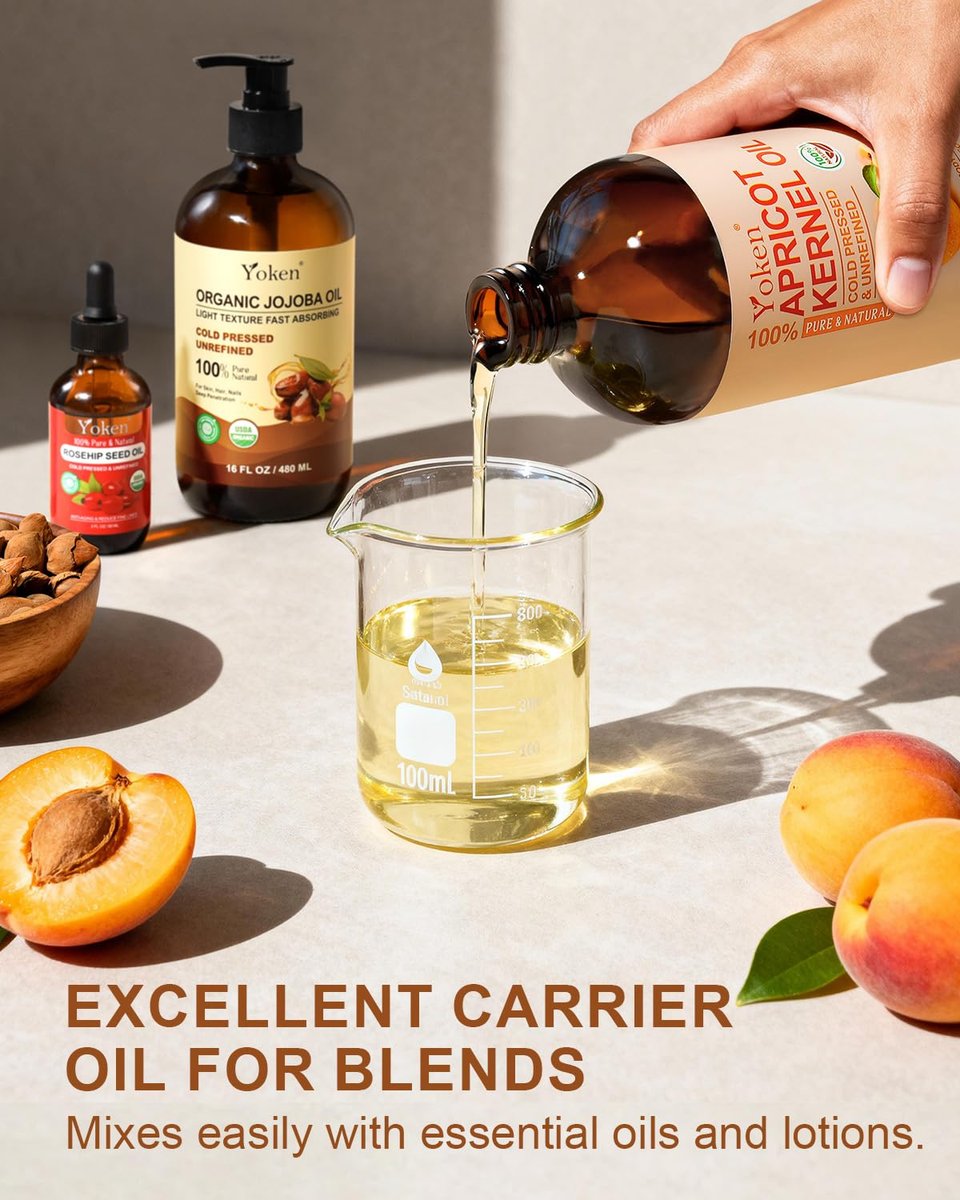 Yoken Cold Pressed Apricot Kernel Oil 16 fl oz Glass Bottle - 100% Pure, Natural, Unscented, Hexane Free Carrier & Massage Oil for Skin & Hair Avelisse