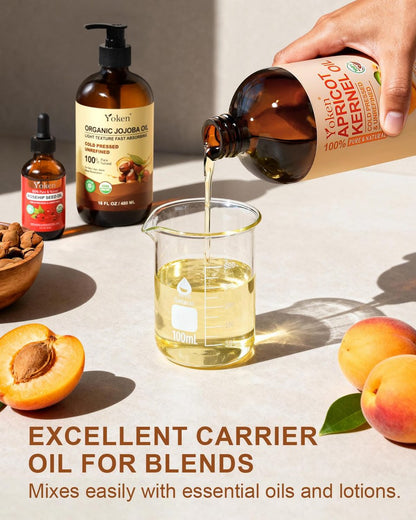 Yoken Cold Pressed Apricot Kernel Oil 16 fl oz Glass Bottle - 100% Pure, Natural, Unscented, Hexane Free Carrier & Massage Oil for Skin & Hair Avelisse