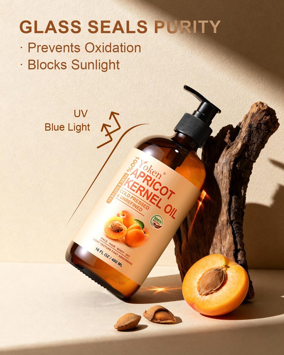 Yoken Cold Pressed Apricot Kernel Oil 16 fl oz Glass Bottle - 100% Pure, Natural, Unscented, Hexane Free Carrier & Massage Oil for Skin & Hair Avelisse