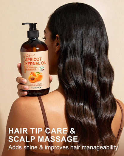 Yoken Cold Pressed Apricot Kernel Oil 16 fl oz Glass Bottle - 100% Pure, Natural, Unscented, Hexane Free Carrier & Massage Oil for Skin & Hair Avelisse