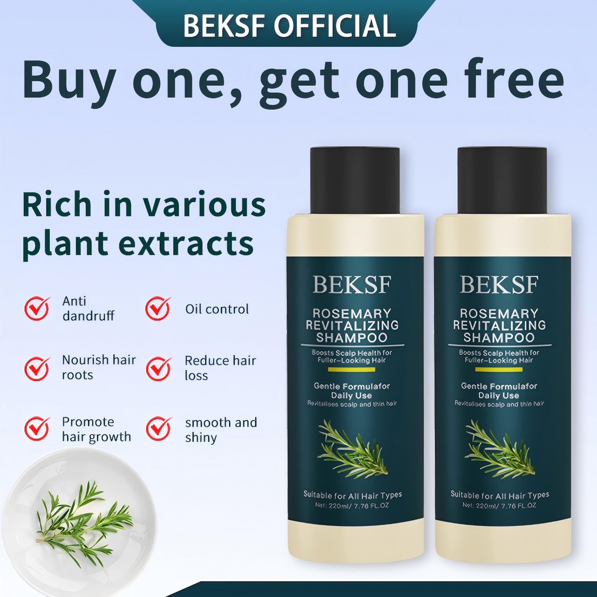 BEKSF Rosemary Shampoo - Sulfate & Paraben-Free for Oily Scalp & Sensitive Skin | 2-Pack Avelisse