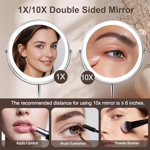 Flymiro Lighted Makeup Mirror with 1x/10x Magnification, Rechargeable 3000 mAh, 3 Color Temperatures, Dimmable, 8" Round, 360° Rotation, Silver Avelisse