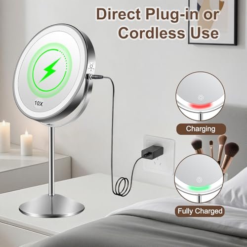 Flymiro Lighted Makeup Mirror with 1x/10x Magnification, Rechargeable 3000 mAh, 3 Color Temperatures, Dimmable, 8" Round, 360° Rotation, Silver Avelisse