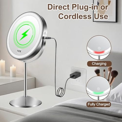 Flymiro Lighted Makeup Mirror with 1x/10x Magnification, Rechargeable 3000 mAh, 3 Color Temperatures, Dimmable, 8" Round, 360° Rotation, Silver Avelisse