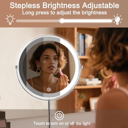 Flymiro Lighted Makeup Mirror with 1x/10x Magnification, Rechargeable 3000 mAh, 3 Color Temperatures, Dimmable, 8" Round, 360° Rotation, Silver Avelisse