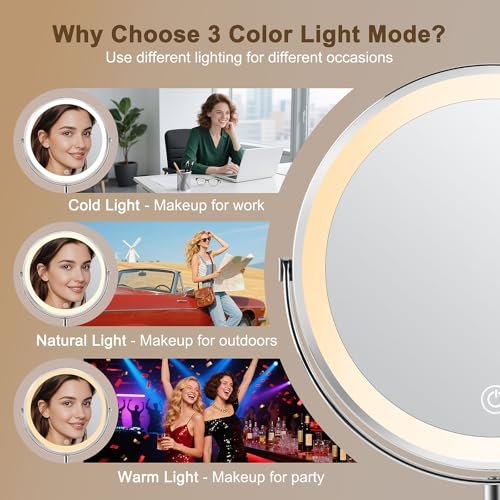 Flymiro Lighted Makeup Mirror with 1x/10x Magnification, Rechargeable 3000 mAh, 3 Color Temperatures, Dimmable, 8" Round, 360° Rotation, Silver Avelisse