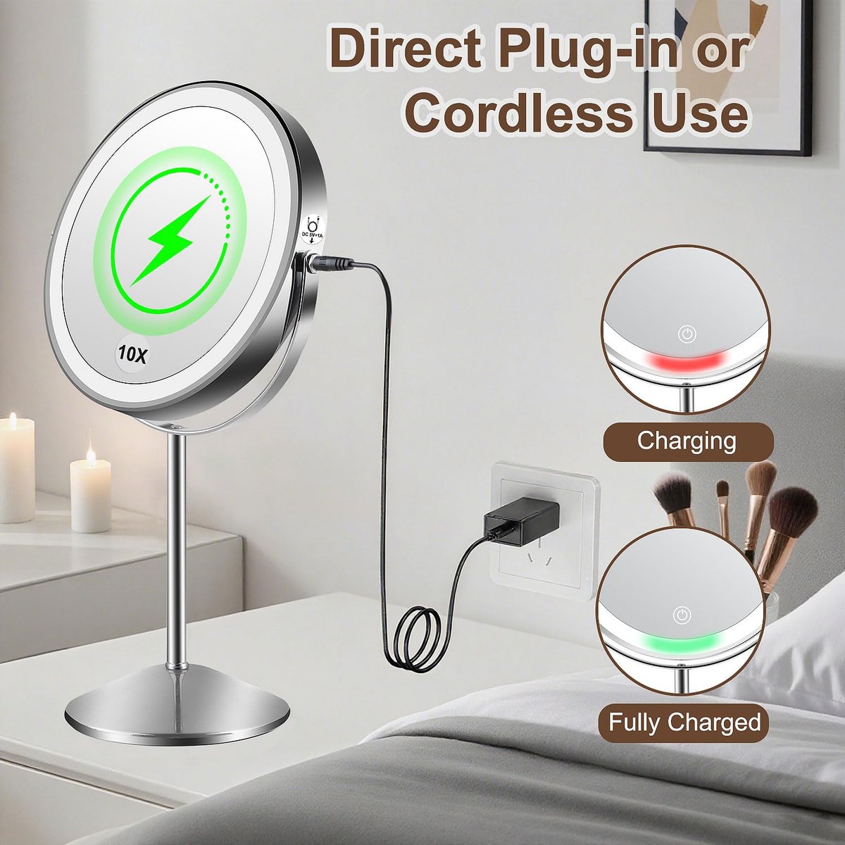 Flymiro Lighted Makeup Mirror with 1x/10x Magnification, Rechargeable 3000 mAh, 3 Color Temperatures, Dimmable, 8" Round, 360° Rotation, Silver Avelisse
