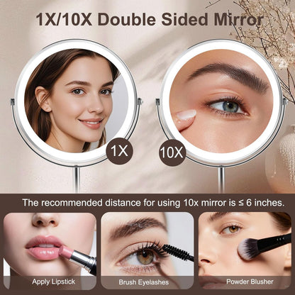 Flymiro Lighted Makeup Mirror with 1x/10x Magnification, Rechargeable 3000 mAh, 3 Color Temperatures, Dimmable, 8" Round, 360° Rotation, Silver Avelisse