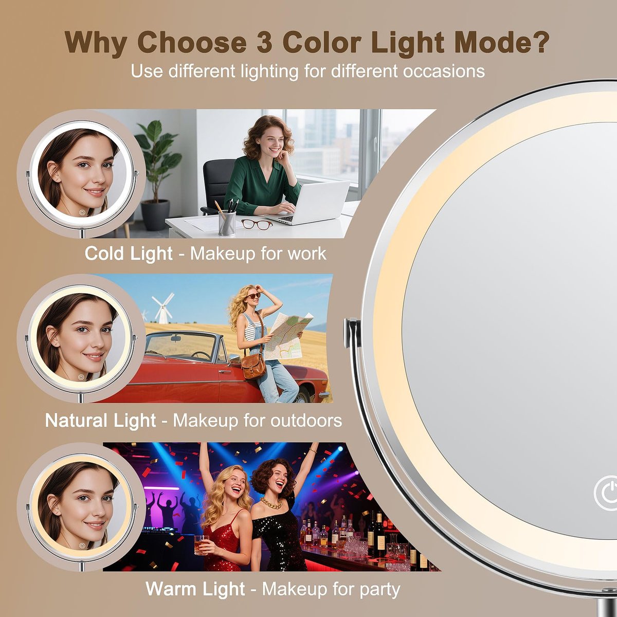 Flymiro Lighted Makeup Mirror with 1x/10x Magnification, Rechargeable 3000 mAh, 3 Color Temperatures, Dimmable, 8" Round, 360° Rotation, Silver Avelisse
