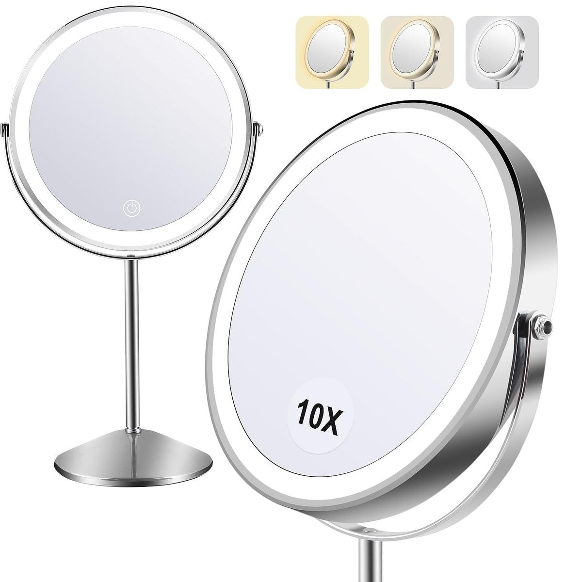 Flymiro Lighted Makeup Mirror with 1x/10x Magnification, Rechargeable 3000 mAh, 3 Color Temperatures, Dimmable, 8" Round, 360° Rotation, Silver Avelisse