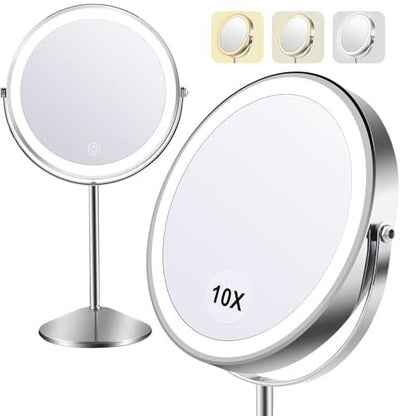 Flymiro Lighted Makeup Mirror with 1x/10x Magnification, Rechargeable 3000 mAh, 3 Color Temperatures, Dimmable, 8" Round, 360° Rotation, Silver Avelisse