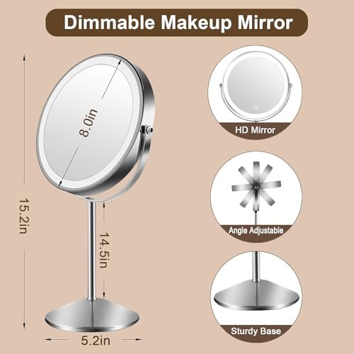 Flymiro Lighted Makeup Mirror with 1x/10x Magnification, Rechargeable 3000 mAh, 3 Color Temperatures, Dimmable, 8" Round, 360° Rotation, Silver Avelisse