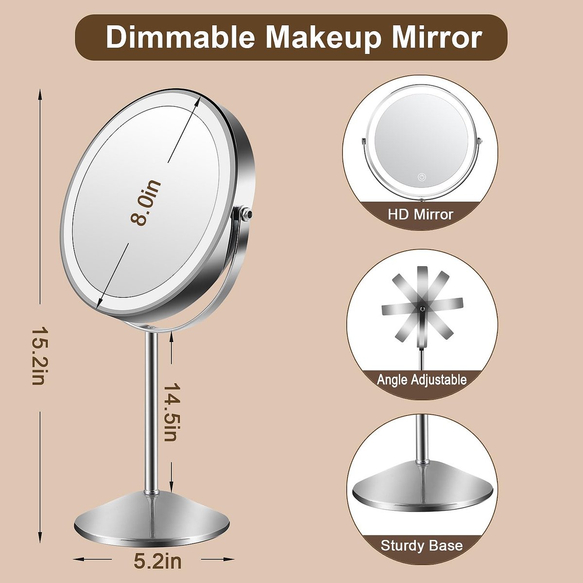 Flymiro Lighted Makeup Mirror with 1x/10x Magnification, Rechargeable 3000 mAh, 3 Color Temperatures, Dimmable, 8" Round, 360° Rotation, Silver Avelisse