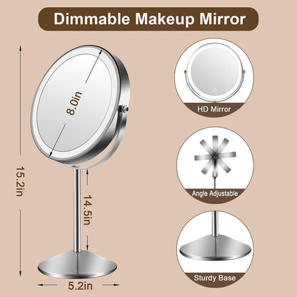 Flymiro Lighted Makeup Mirror with 1x/10x Magnification, Rechargeable 3000 mAh, 3 Color Temperatures, Dimmable, 8" Round, 360° Rotation, Silver Avelisse